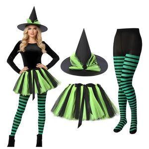 3 Piece Spooky Witch Tutu Skirt with Hat and Striped Tights One Size Fits Most!
